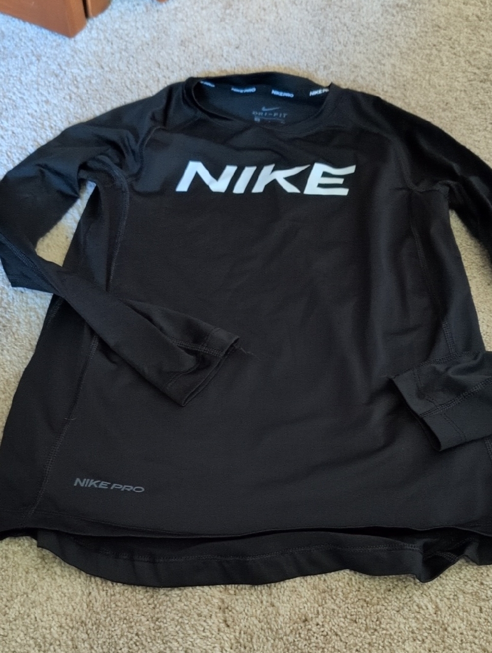 Nike Pro Black Boys Crewneck Long Sleeve Performance Shirt Small